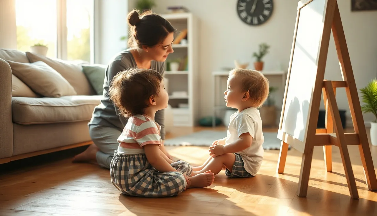 Child reaching toward a communication picture board while a parent kneels nearby