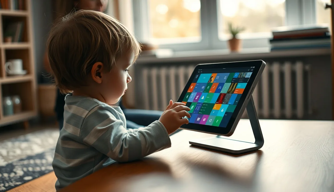 Young child using a speech-generating AAC tablet device at a wooden table