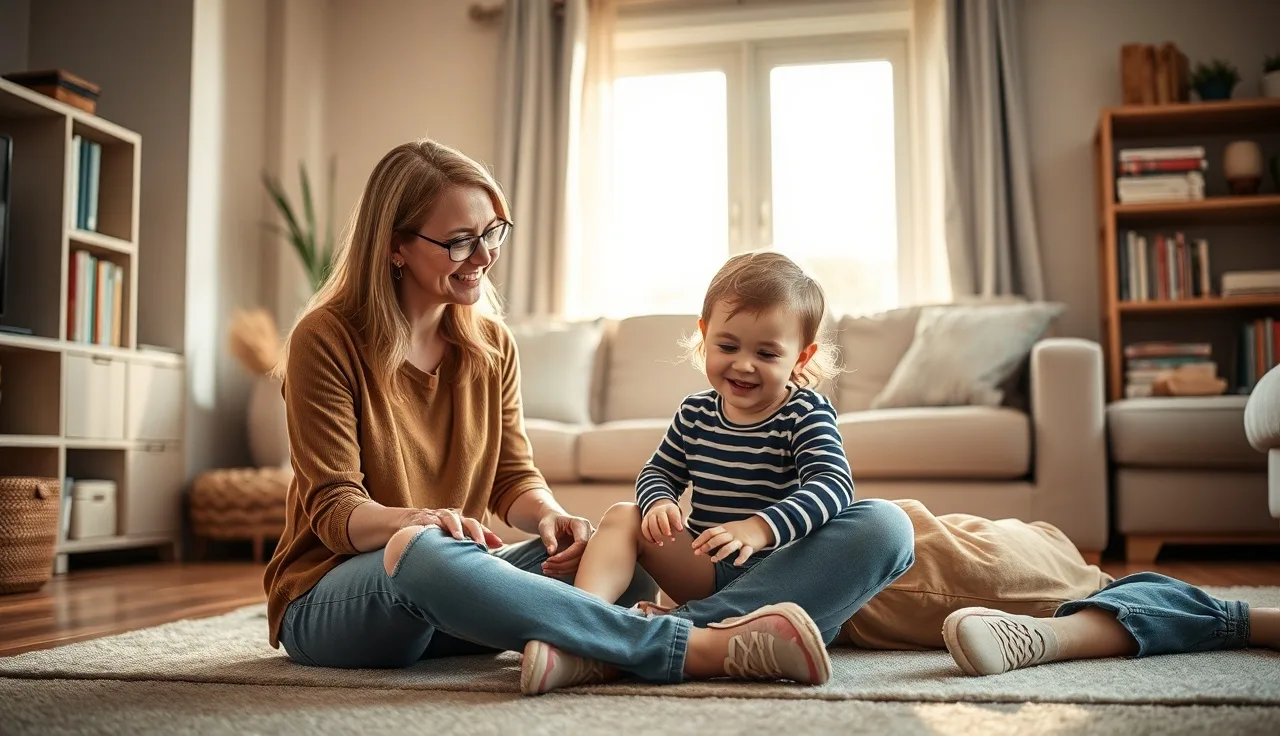 Speech therapist and parent working with toddler on communication during home early intervention session