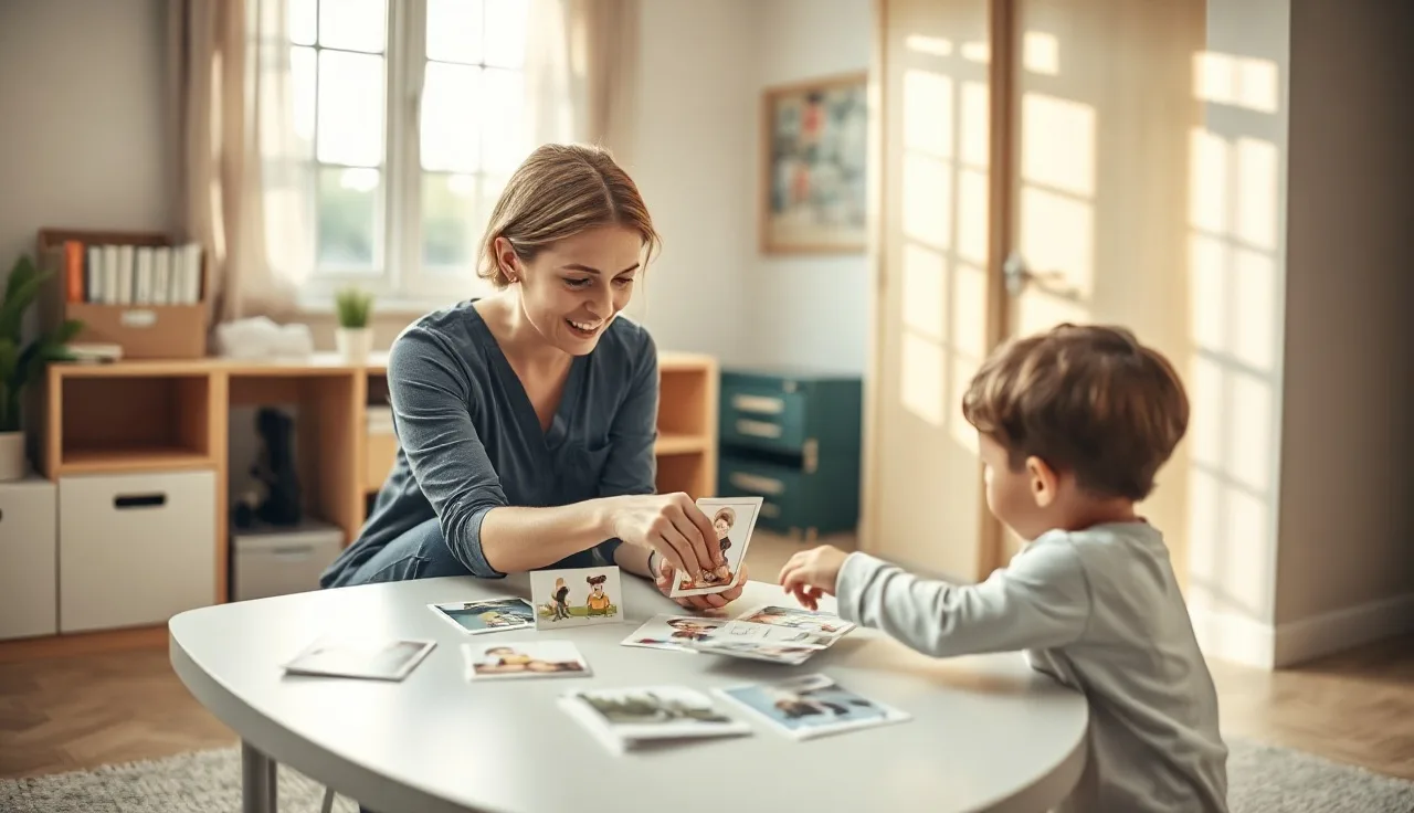 Speech therapist and young child using picture cards during functional communication training session