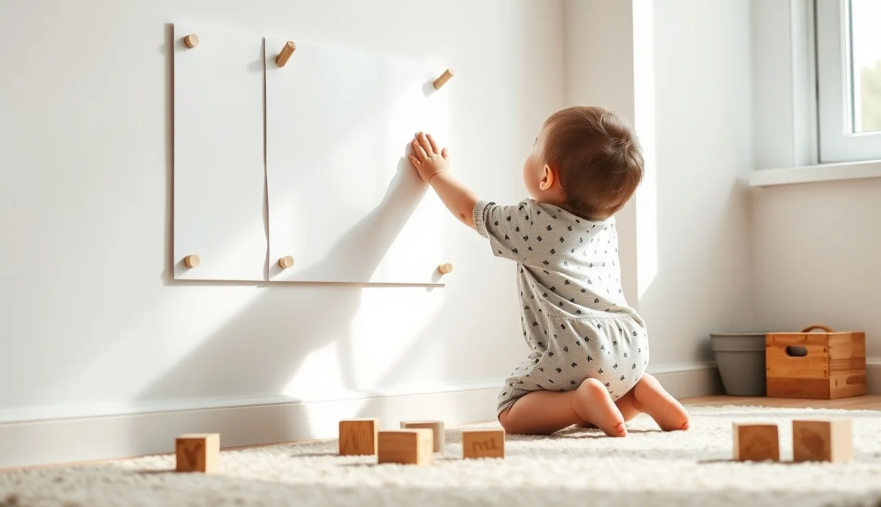 Toddler pointing at a low-mounted picture communication board on a white wall