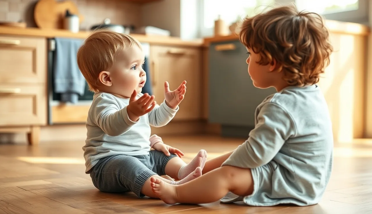 Parent modeling a hand sign to a toddler on a sunlit kitchen floor