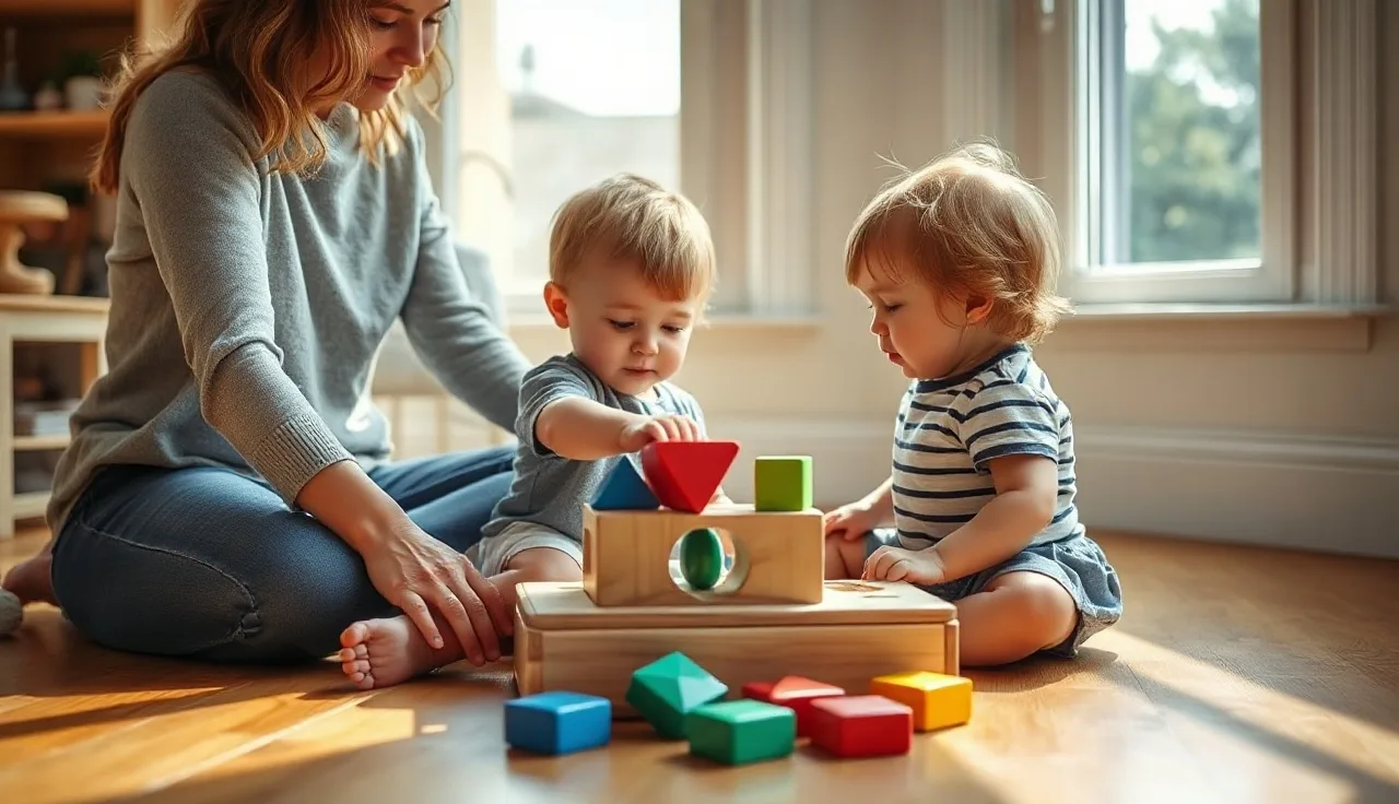 Toddler and parent playing with a shape sorter toy on a wooden floor