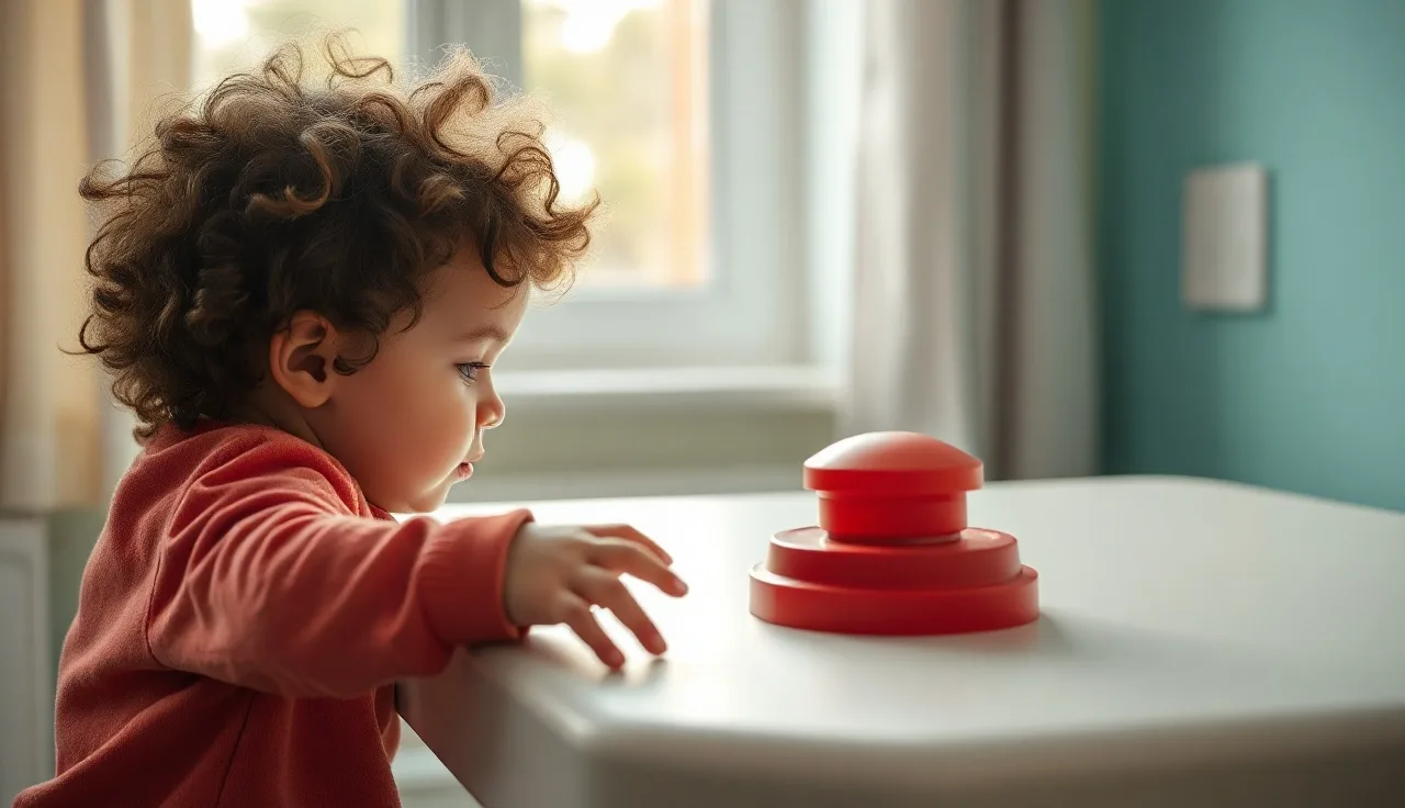 Young child pressing a large red AAC communication button on a therapy table
