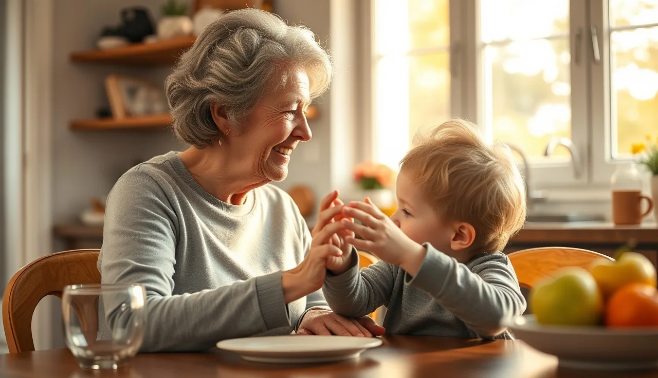 Grandmother and toddler talking together at kitchen table in warm light