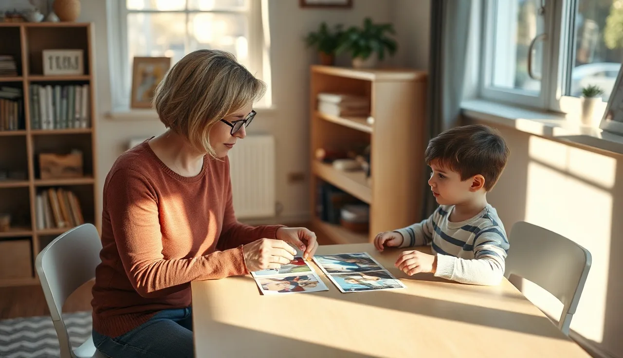Speech therapist and young child working together with picture cards in a warm therapy room
