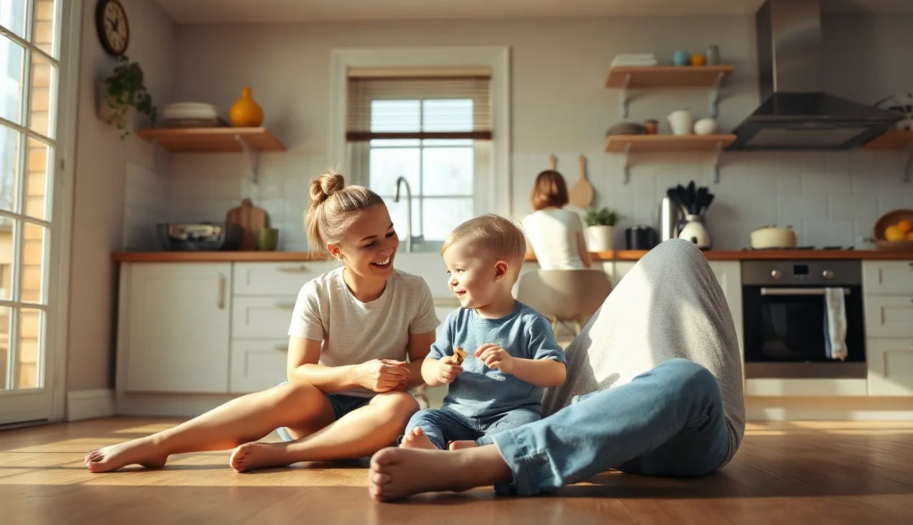 Parent and toddler making eye contact on kitchen floor, natural morning light
