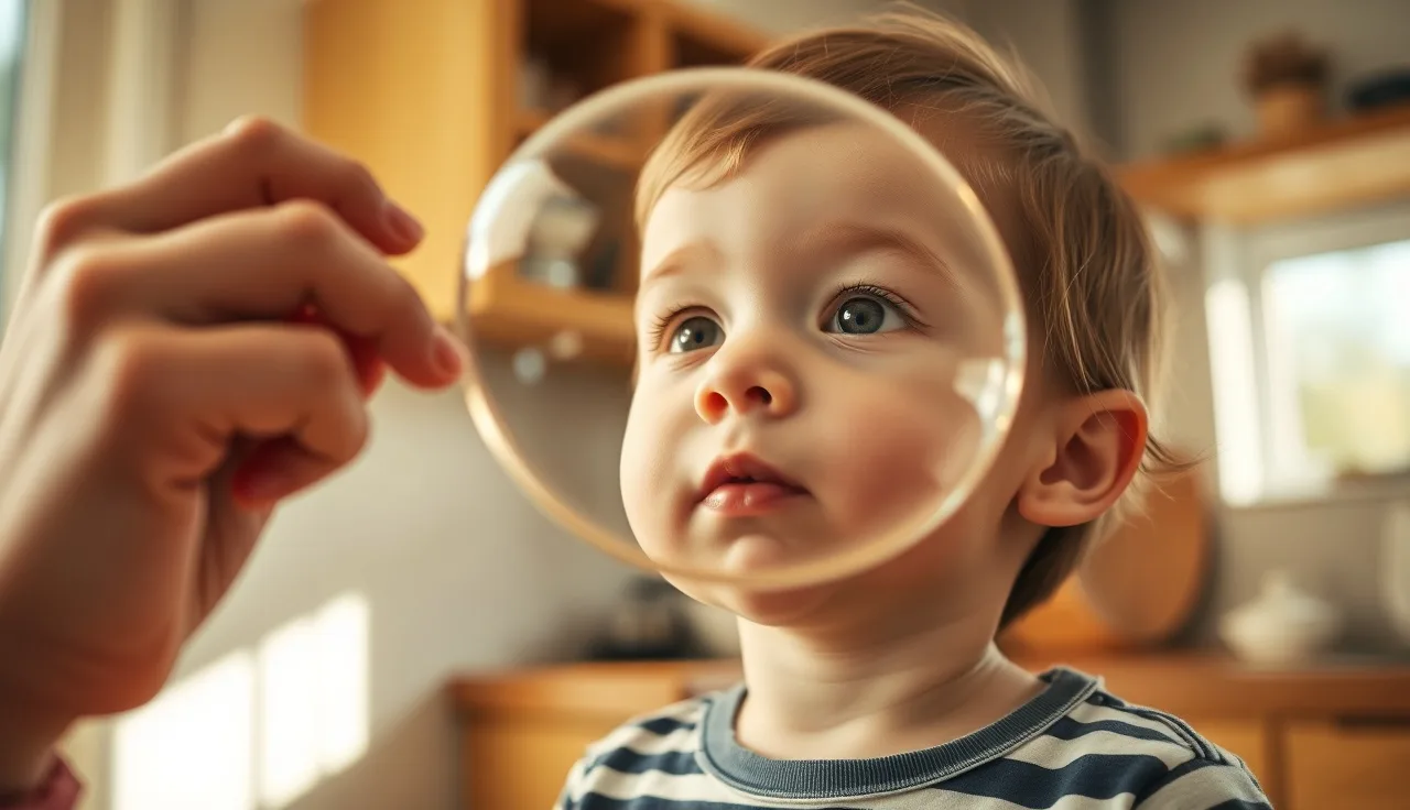 Toddler blowing a large soap bubble in a sunny kitchen during speech play