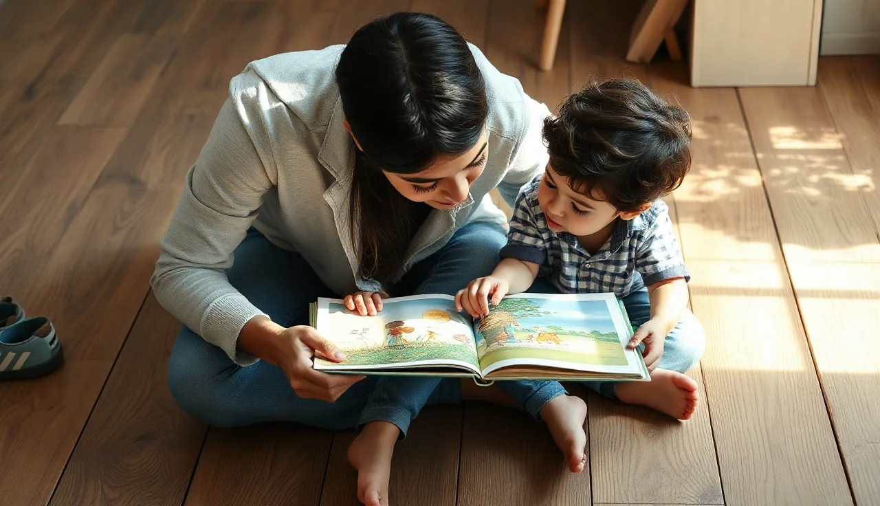 Parent and toddler reading a board book together on a wooden floor