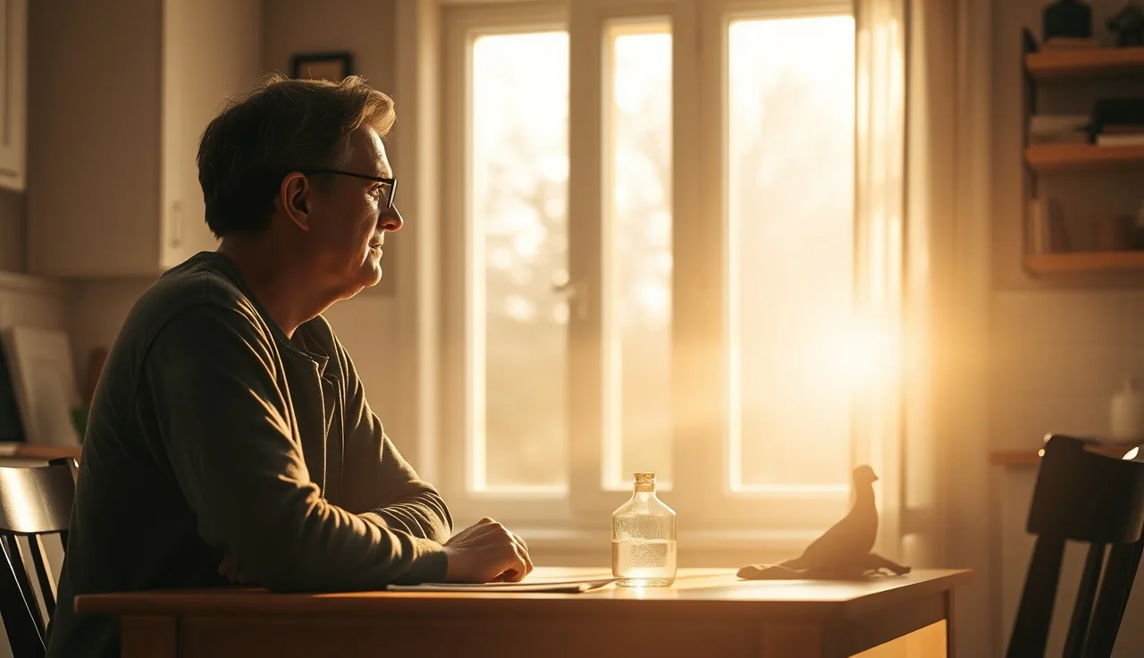 Two adults in quiet morning conversation at a kitchen table, illustrating adult echolalia and communication