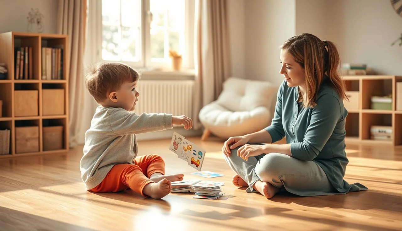 Child and speech therapist working with picture cards during echolalia therapy session