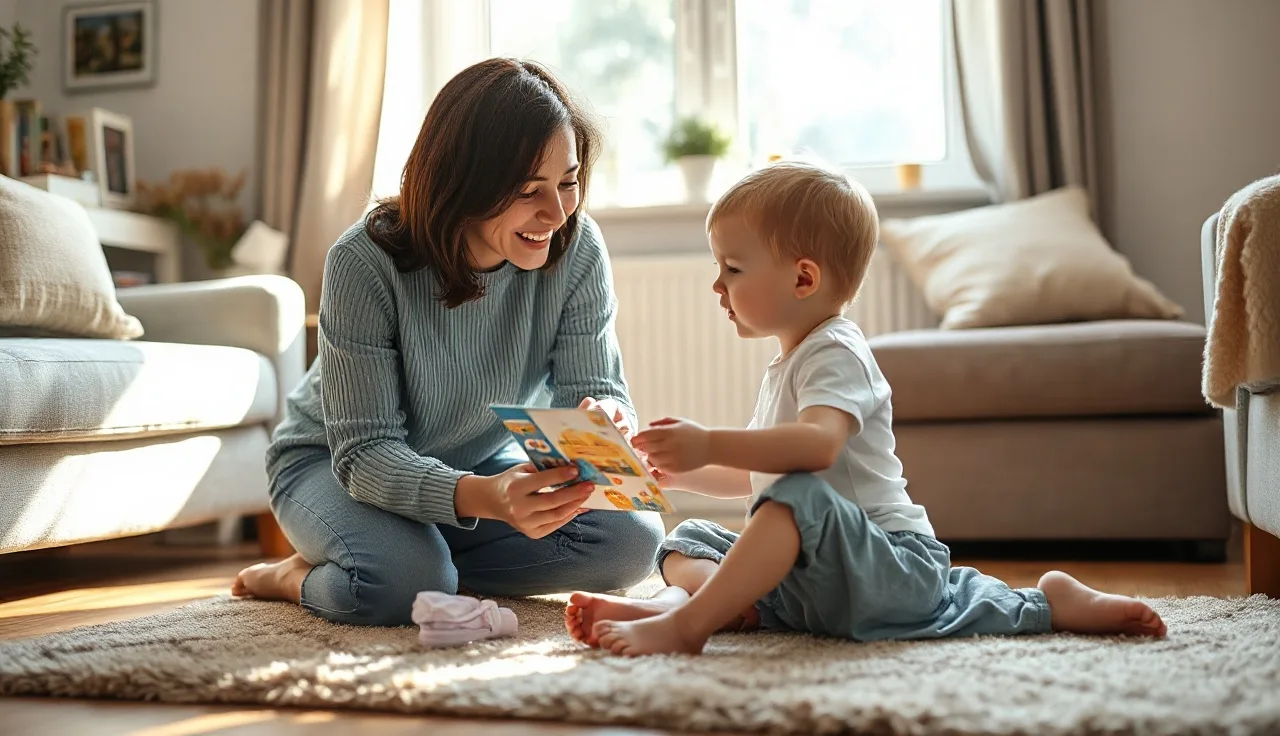 Child and adult practicing communication with picture cards at home