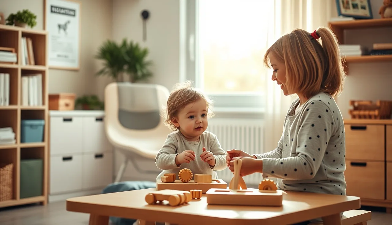 Speech therapist and toddler at a therapy table exploring wooden toys during a speech session