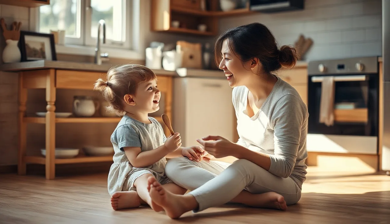Mother talking closely with toddler on kitchen floor during home speech practice