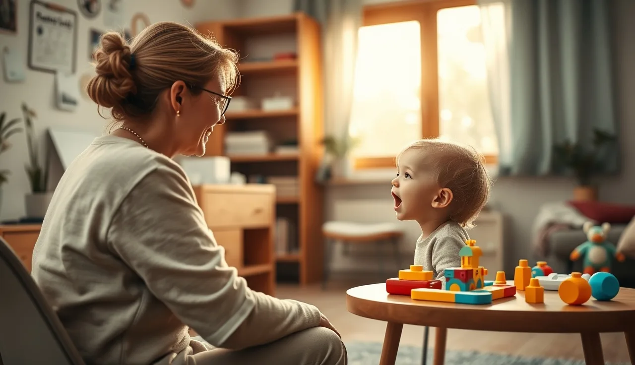 Young child doing a tongue movement exercise with a speech-language pathologist