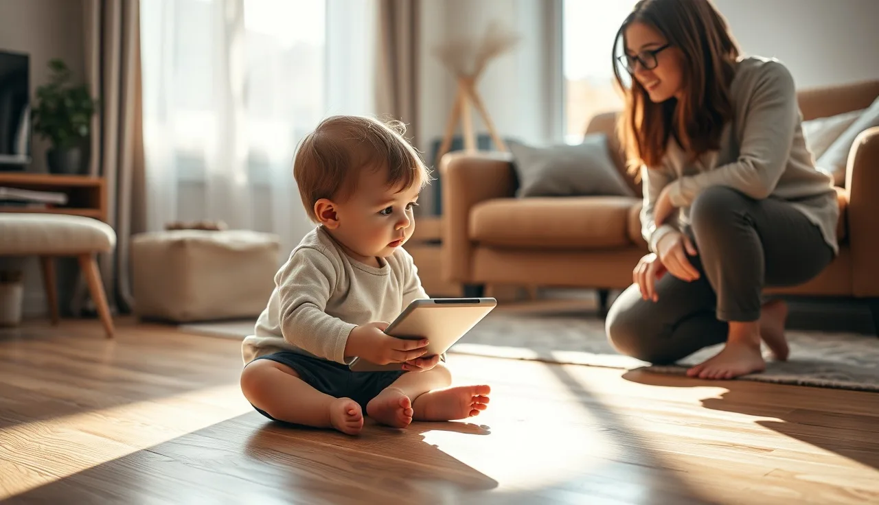 Toddler on floor looking up at talking parent, tablet ignored nearby