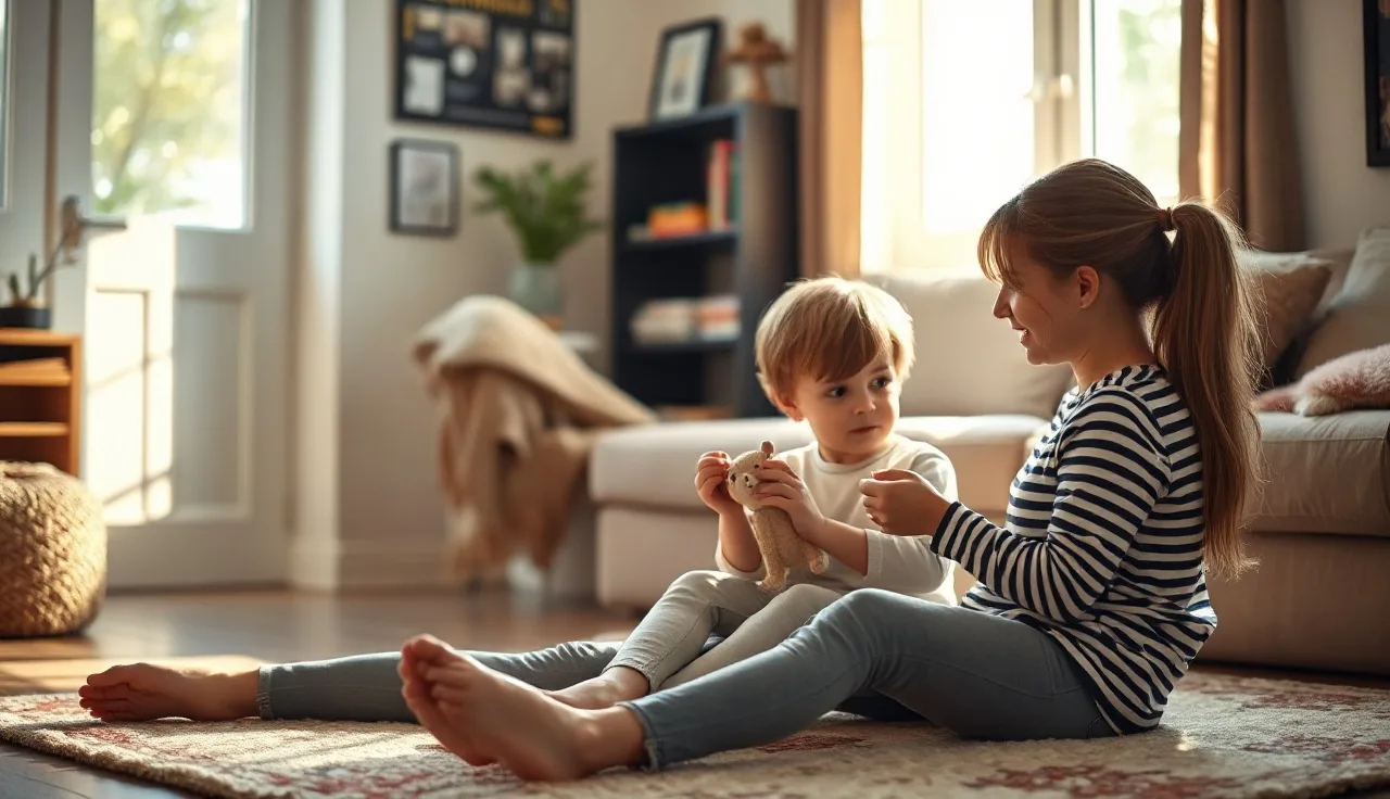 Parent and toddler talking together during home speech practice on a rug