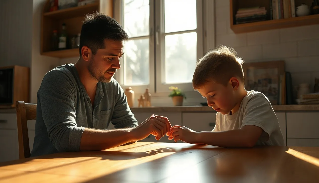 Parent gently holding teenager's hand at a sunlit kitchen table during a quiet moment