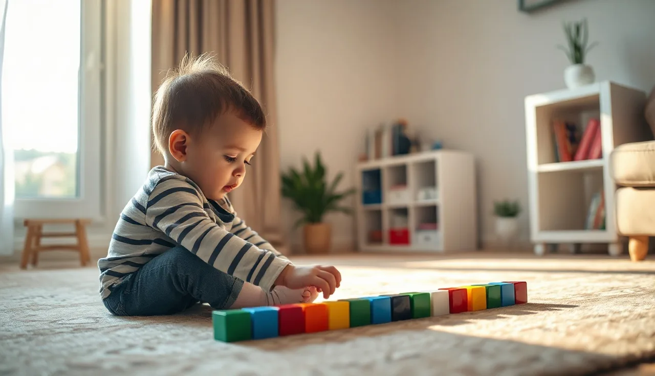 Young child carefully lining up blocks on a sunlit floor, a common autism repetitive behavior