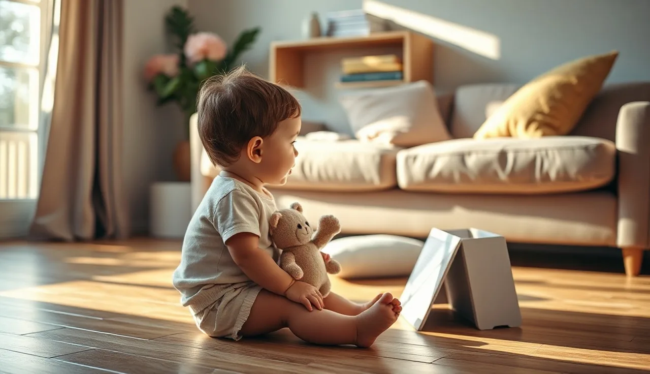 Toddler and parent talking together on a sunlit living room floor