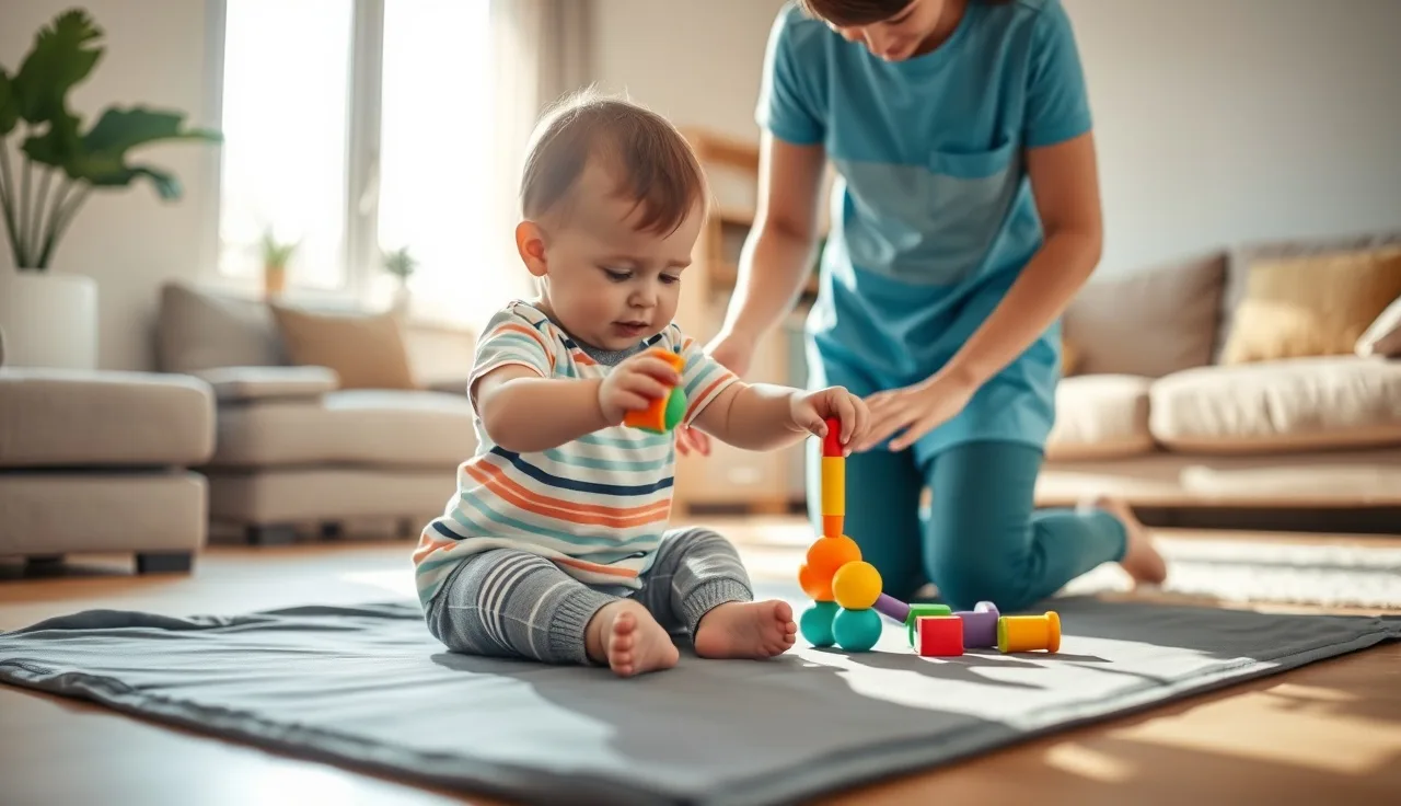 Physical therapist helping a toddler reach for a toy during early intervention session at home