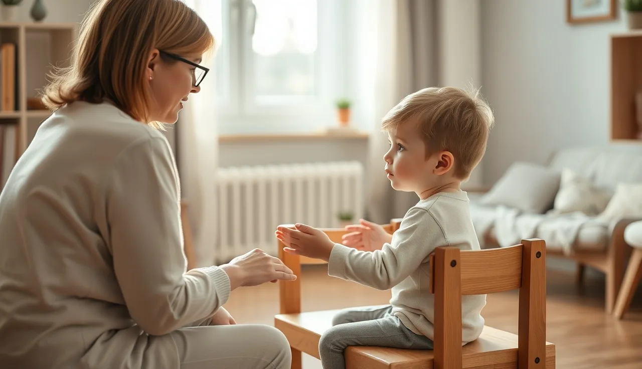 Young child and speech therapist working on speech sounds at a therapy table