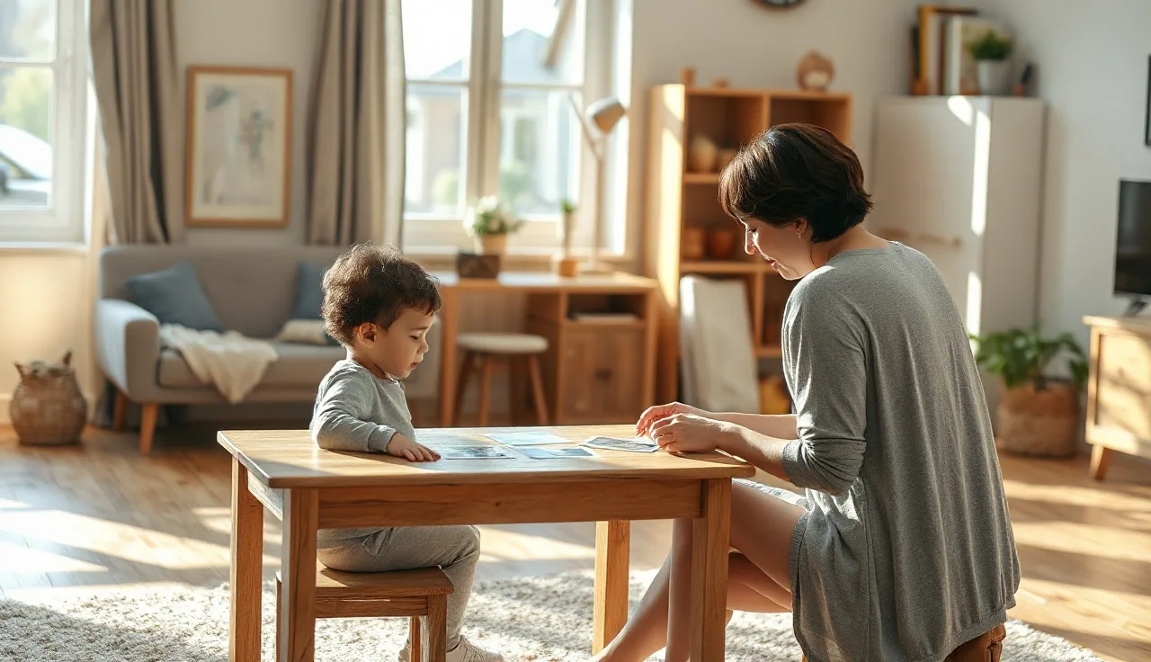 Young child and speech therapist reviewing picture cards in a sunlit therapy room