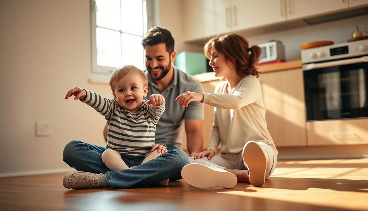 Toddler pointing toward window while parent listens attentively on kitchen floor