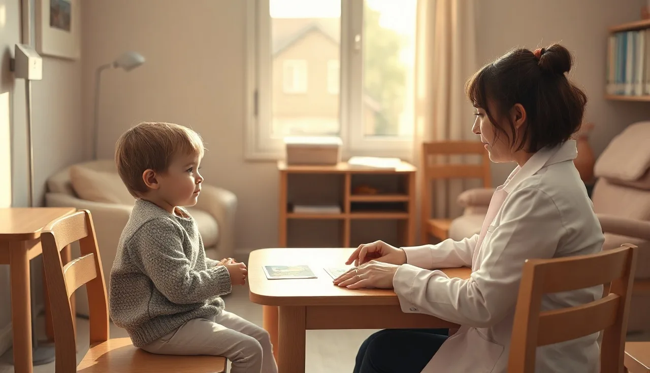 Speech-language pathologist assessing a young child with picture cards in a therapy room