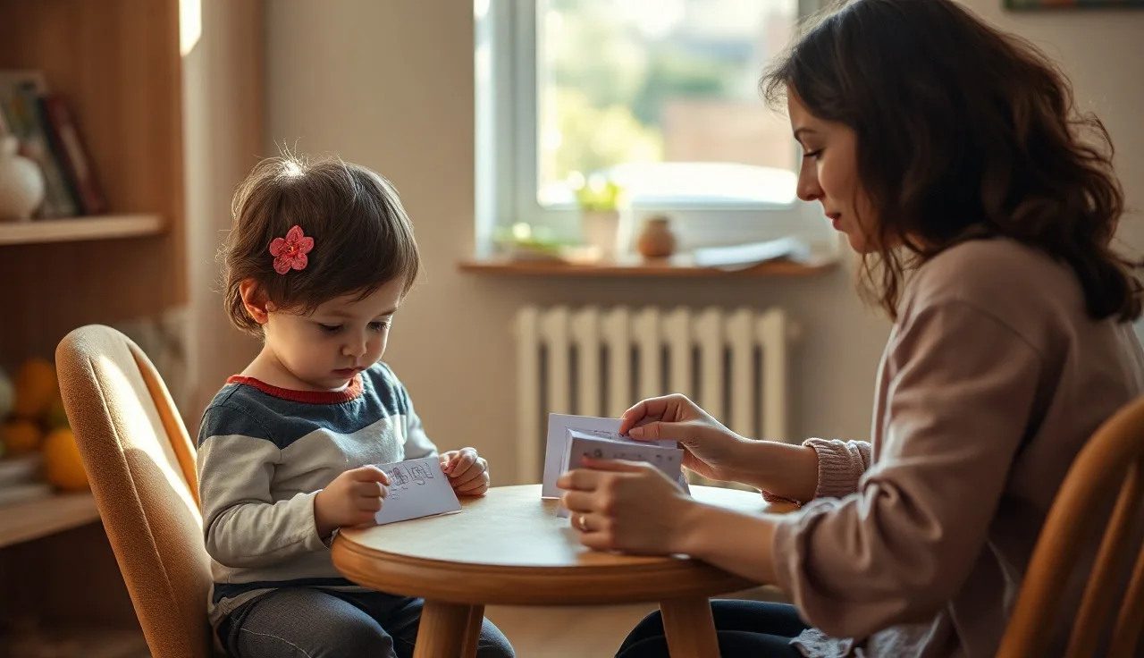 Child and speech therapist practicing with picture cards in a sunlit room