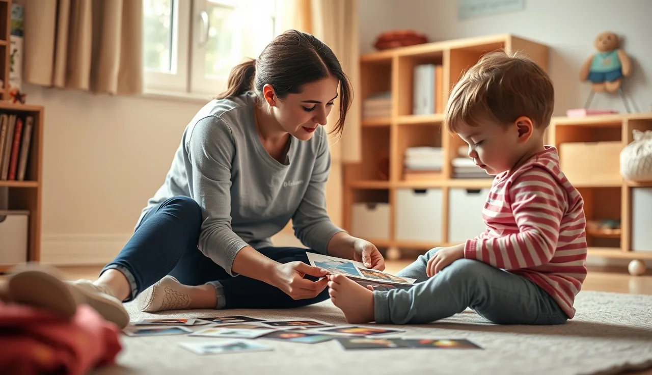 Speech therapist and toddler reviewing picture cards during a speech evaluation session