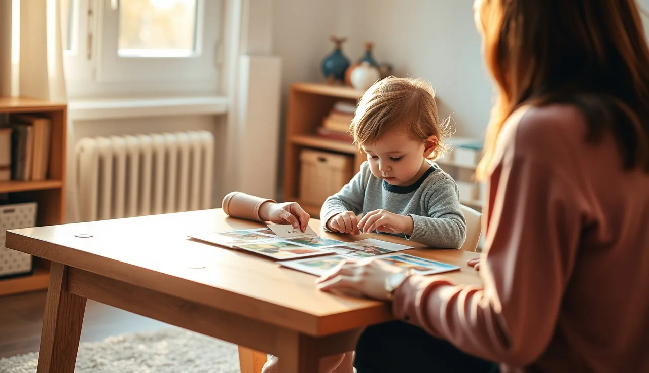 Young child and speech therapist reviewing picture cards during apraxia therapy session