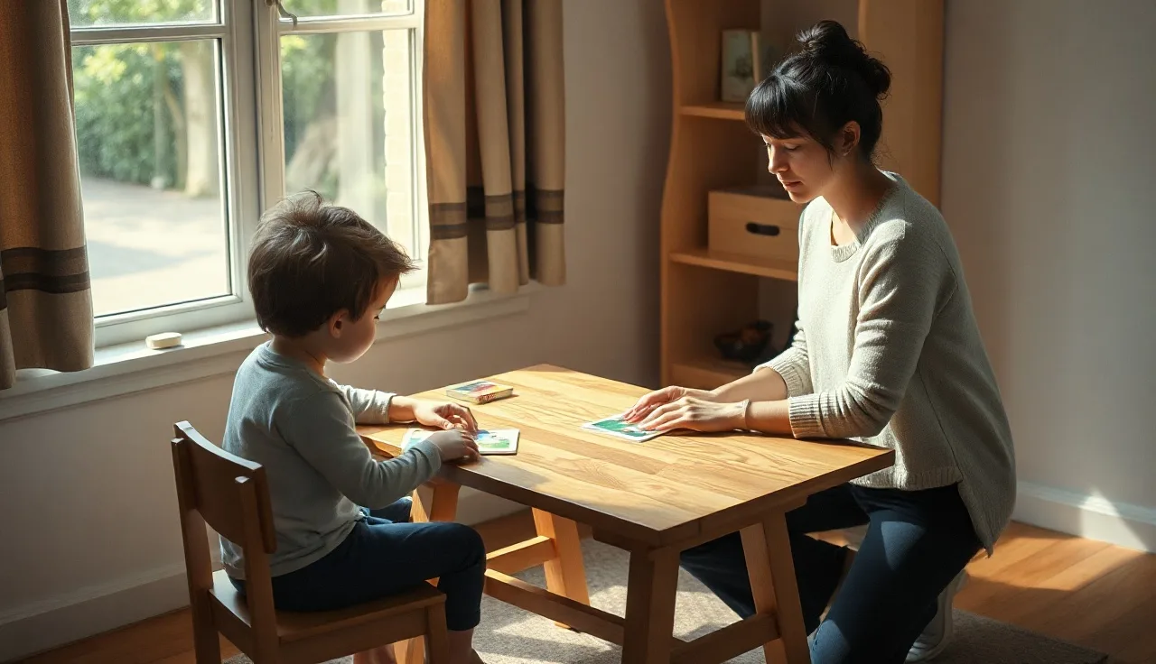 Young child and speech therapist working with picture cards during childhood apraxia session