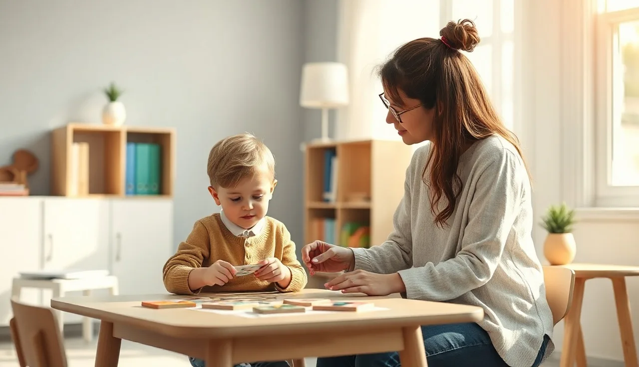 Speech therapist and young child practicing speech with picture cards at a therapy table