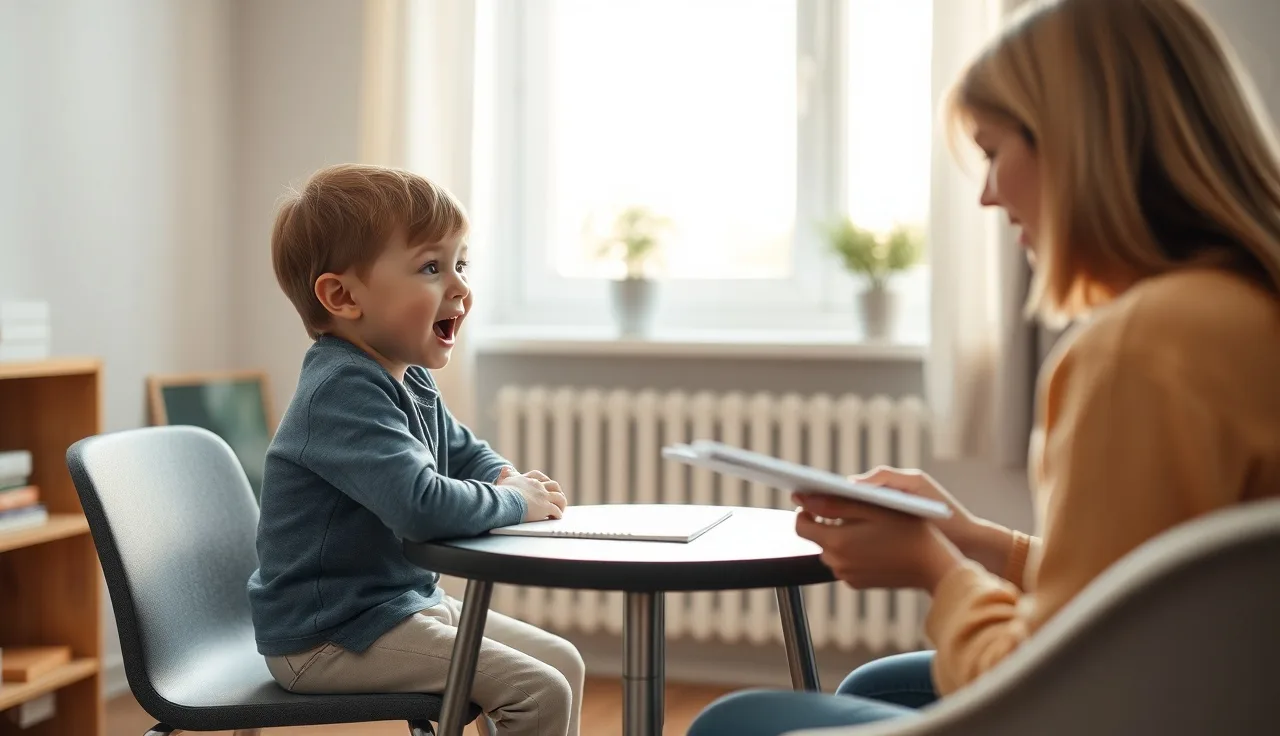 Child speaking during a speech-language screening session with a clinician