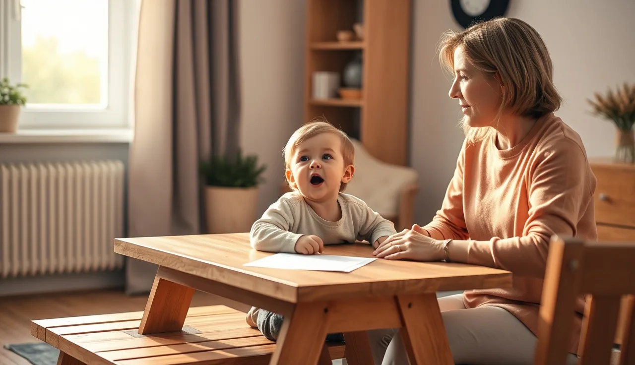 Young child mid-speech attempt with a speech therapist in a bright therapy room