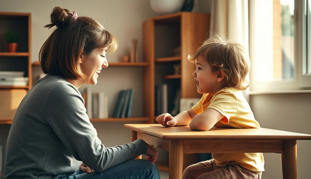 Young child in speech therapy session with adult therapist at a wooden table