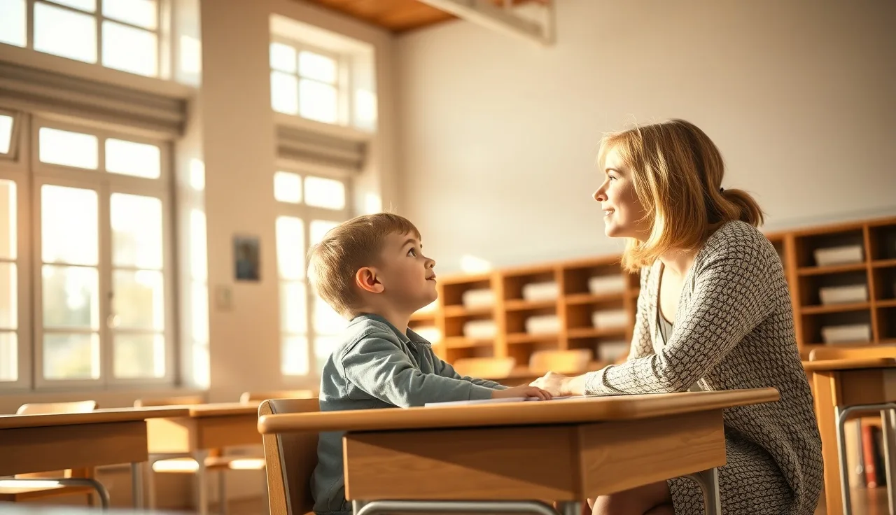 Child at school desk receiving one-on-one support from a teacher in a sunlit classroom