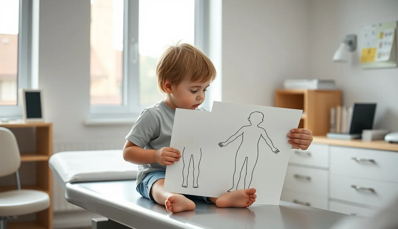 Child and parent reviewing a body map chart during a medical appointment