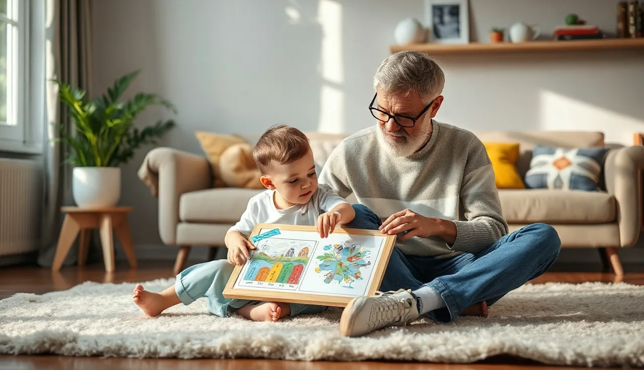Child pointing to a picture communication board with an adult nearby