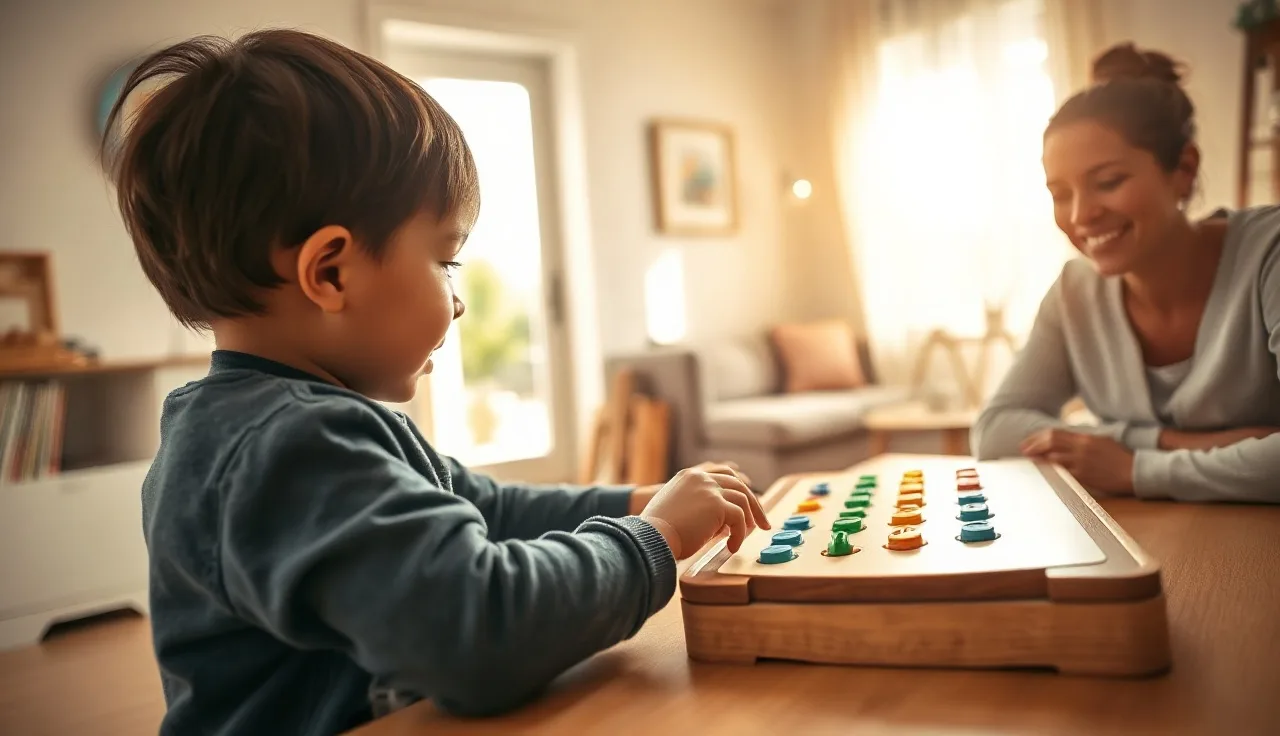 Child using a picture communication board with parent in sunny living room