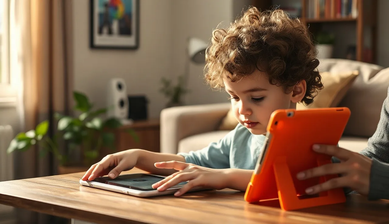 Young child using a tablet communication app at a home table