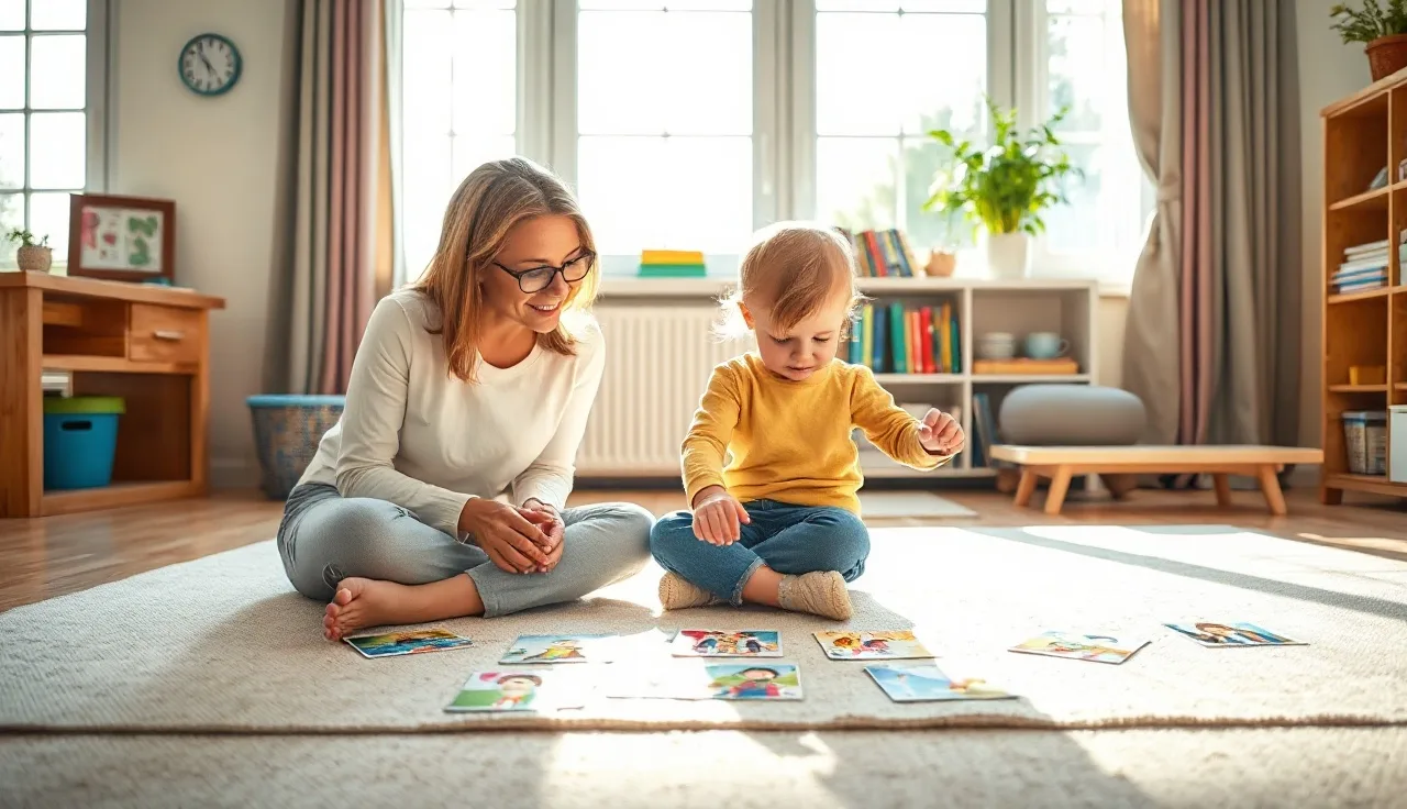 Speech-language pathologist and young child during a communication assessment session