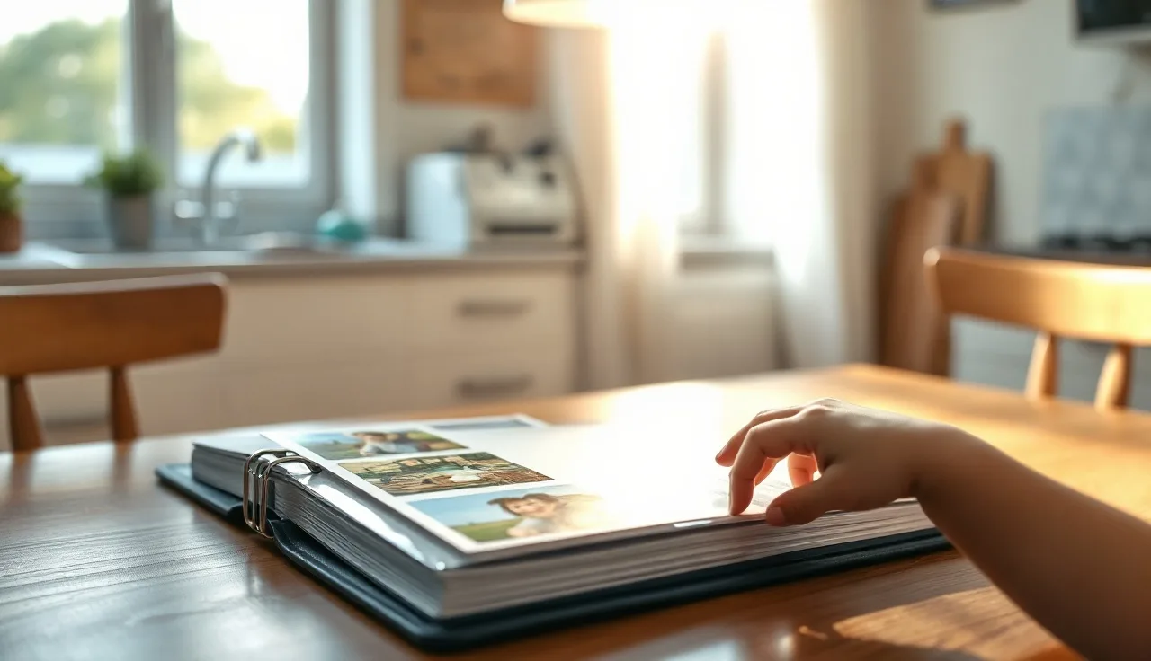 Child's hand reaching toward picture symbol cards in an open communication binder on a kitchen table