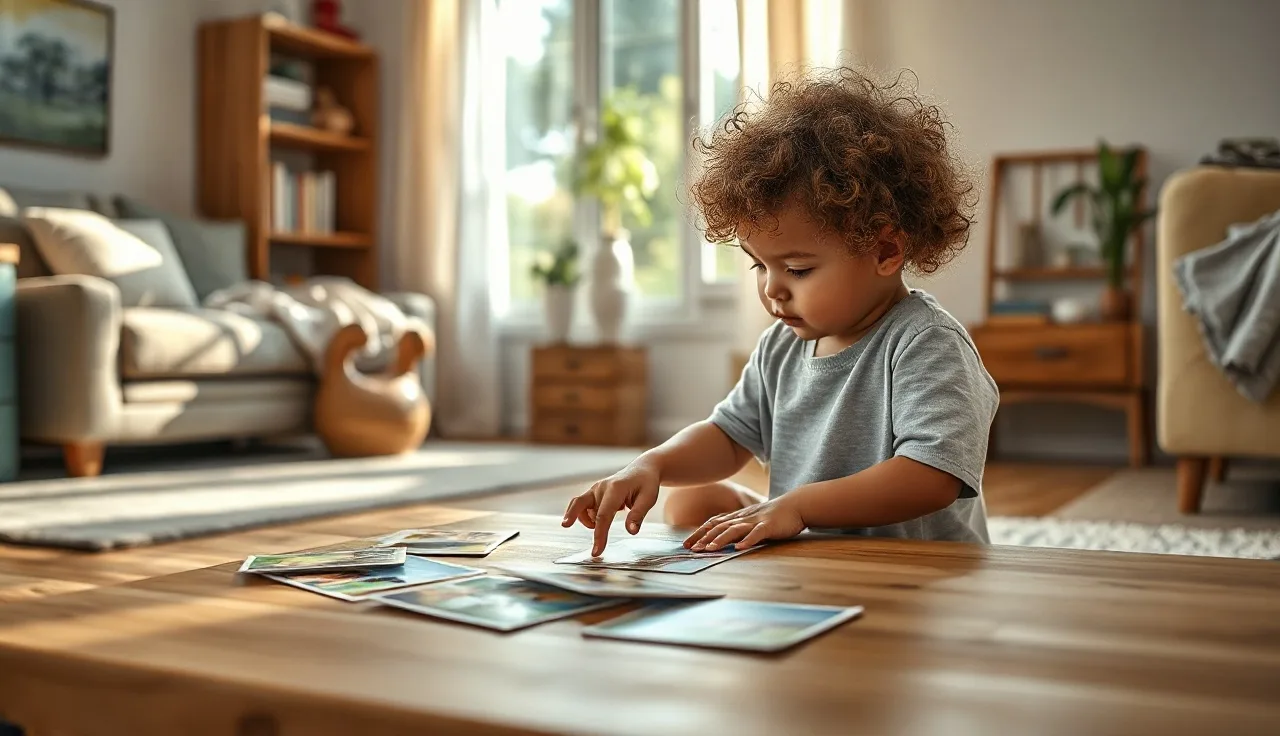 Young child pointing at picture communication cards on a wooden table