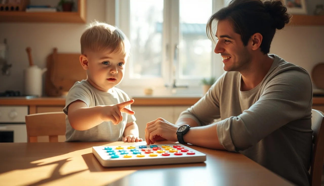 Young autistic child using a colorful AAC symbol board at a kitchen table