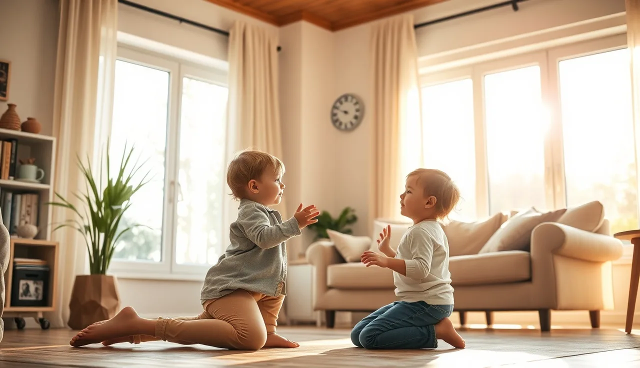 Parent and young child communicating face to face in a sunny home, child wearing hearing aids
