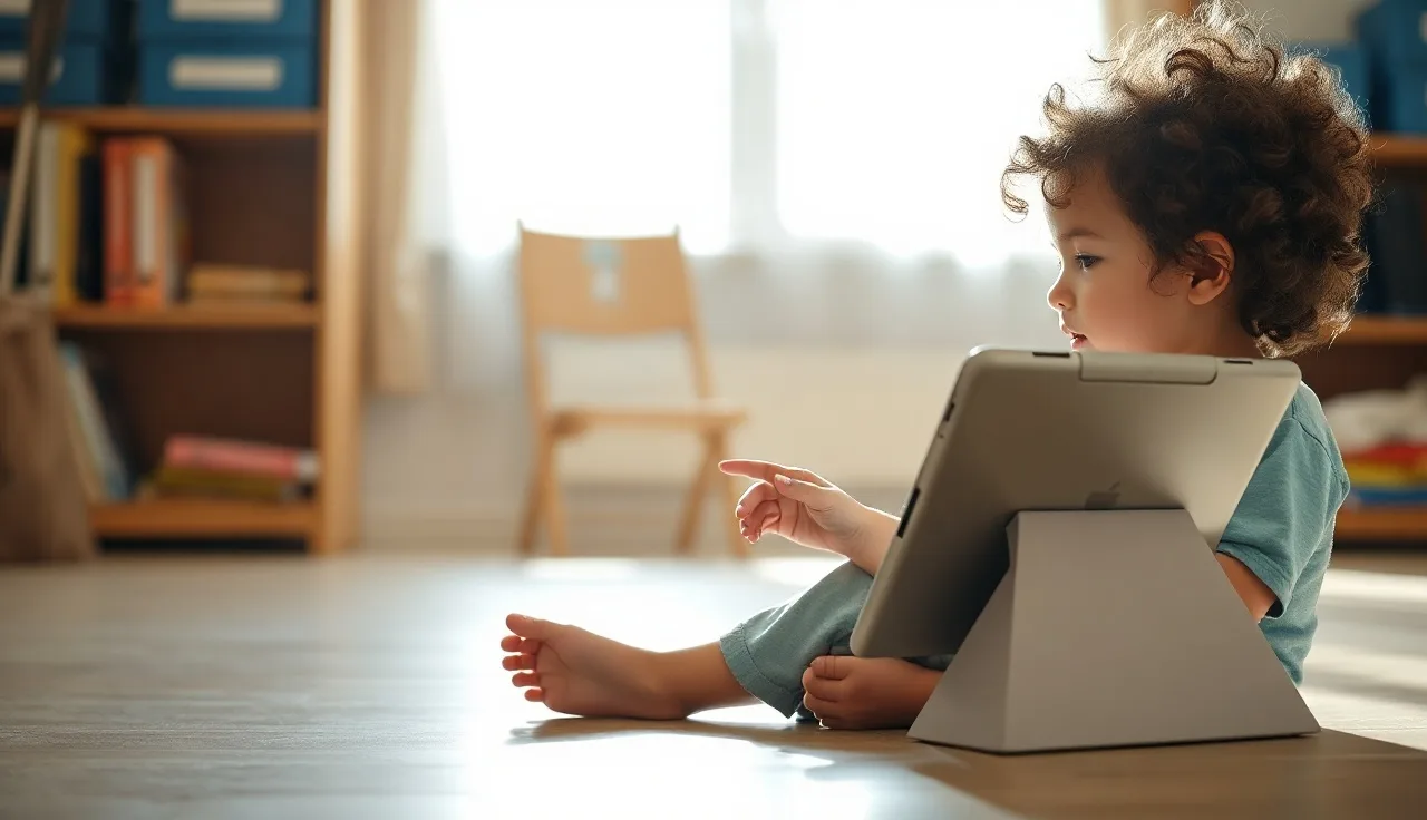 Young autistic child using a communication tablet with colorful symbol grid