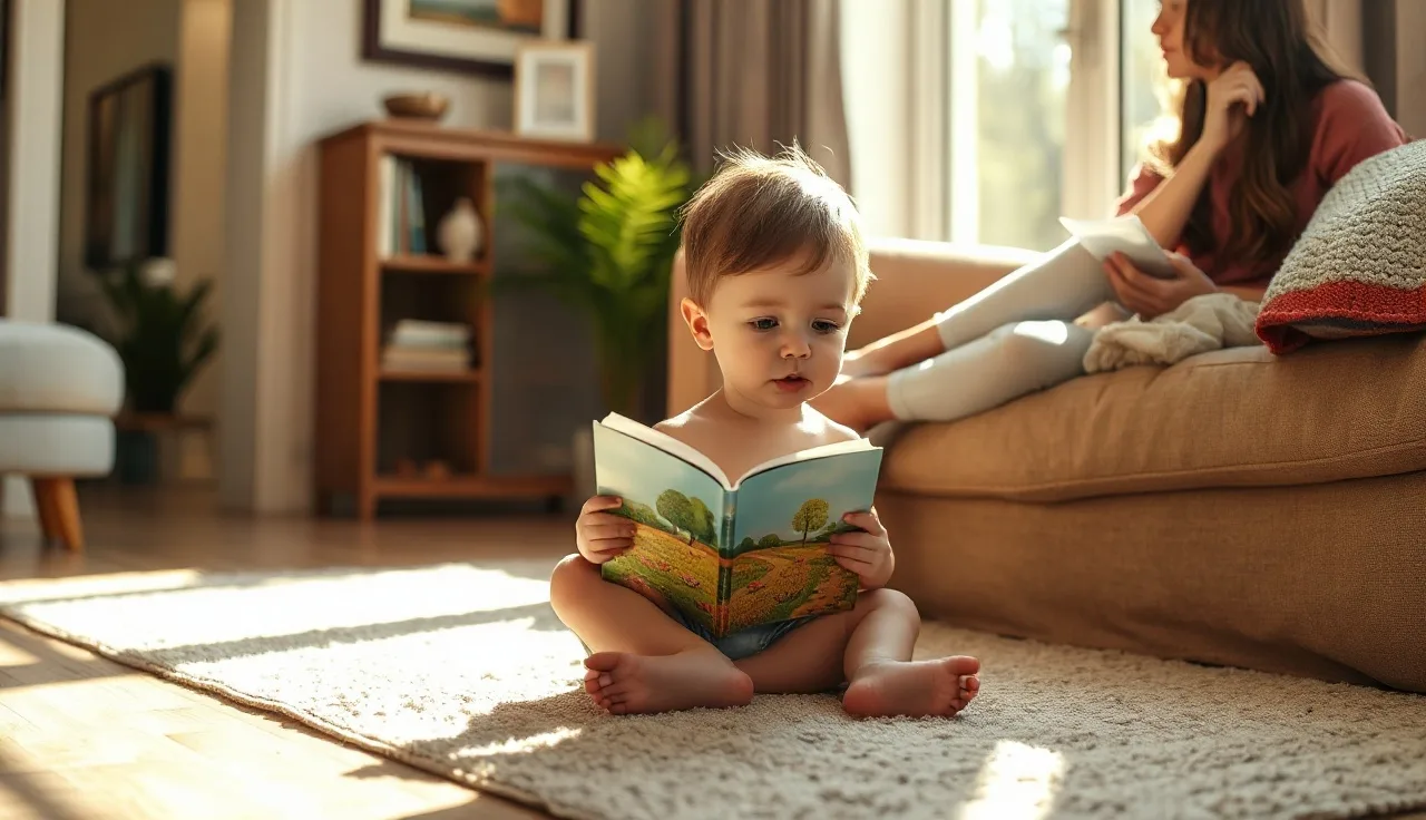 Young child reading aloud from a picture book while parent listens nearby