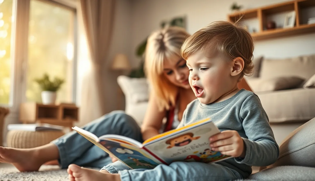 Young child speaking to caregiver over a picture book on a warm living room floor